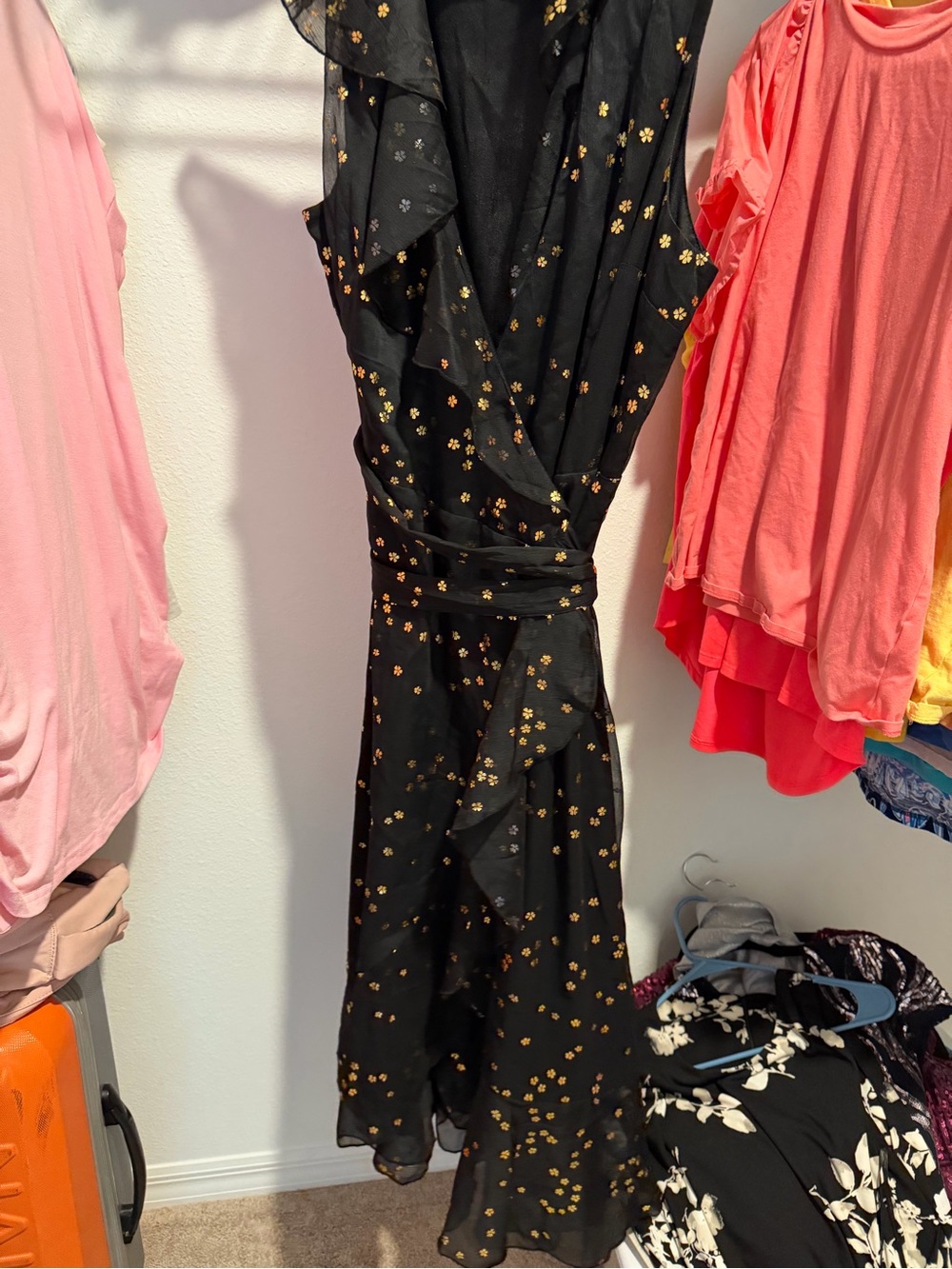 Black Maxi Wrap Dress with Gold Floral Print